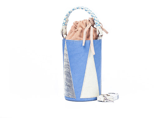 BLUE AND CREAM LEELY MINI BUCKET BAG